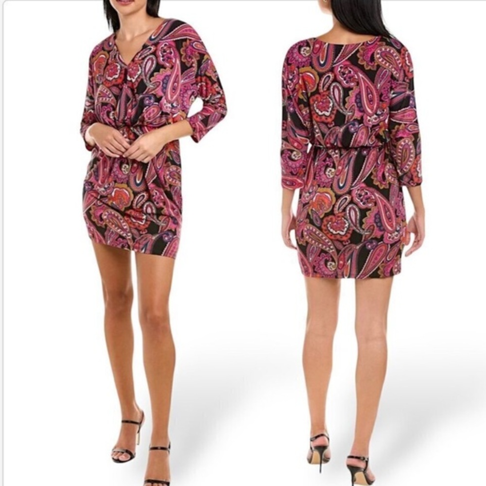 Trina Turk Pink and Black Paisley 3/4 Sleeve V- Neck Mini Dress XL